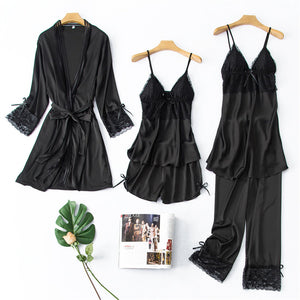 Faux silk sexy sling lace nightgown suit