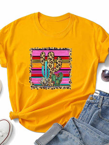 Women's Leopard Cactus Print Short Sleeve T-shirt