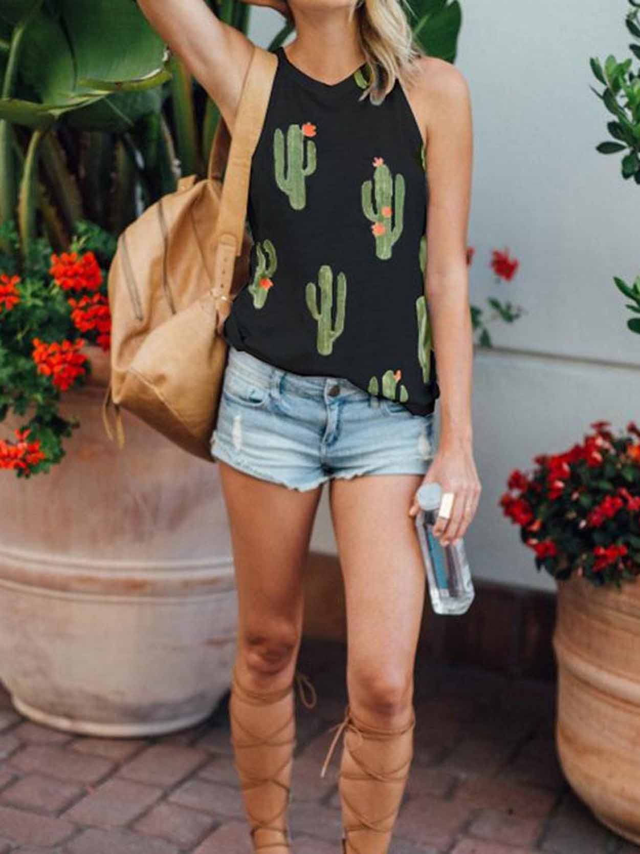 Women's Cactus Print Sleeveless Casual Vest