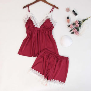 Ladies sexy suspender lace trim pajamas set
