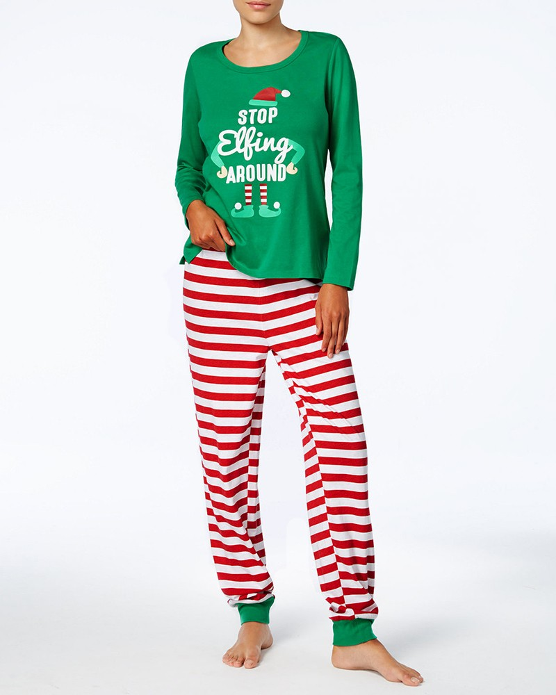 Christmas Letter Print Top & Striped Pants Set1