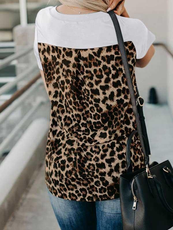 Animal leopard print stitching short sleeve T-shirt top