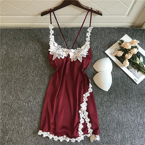 Ladies Summer Ice Silk Sling Lace Nightdress