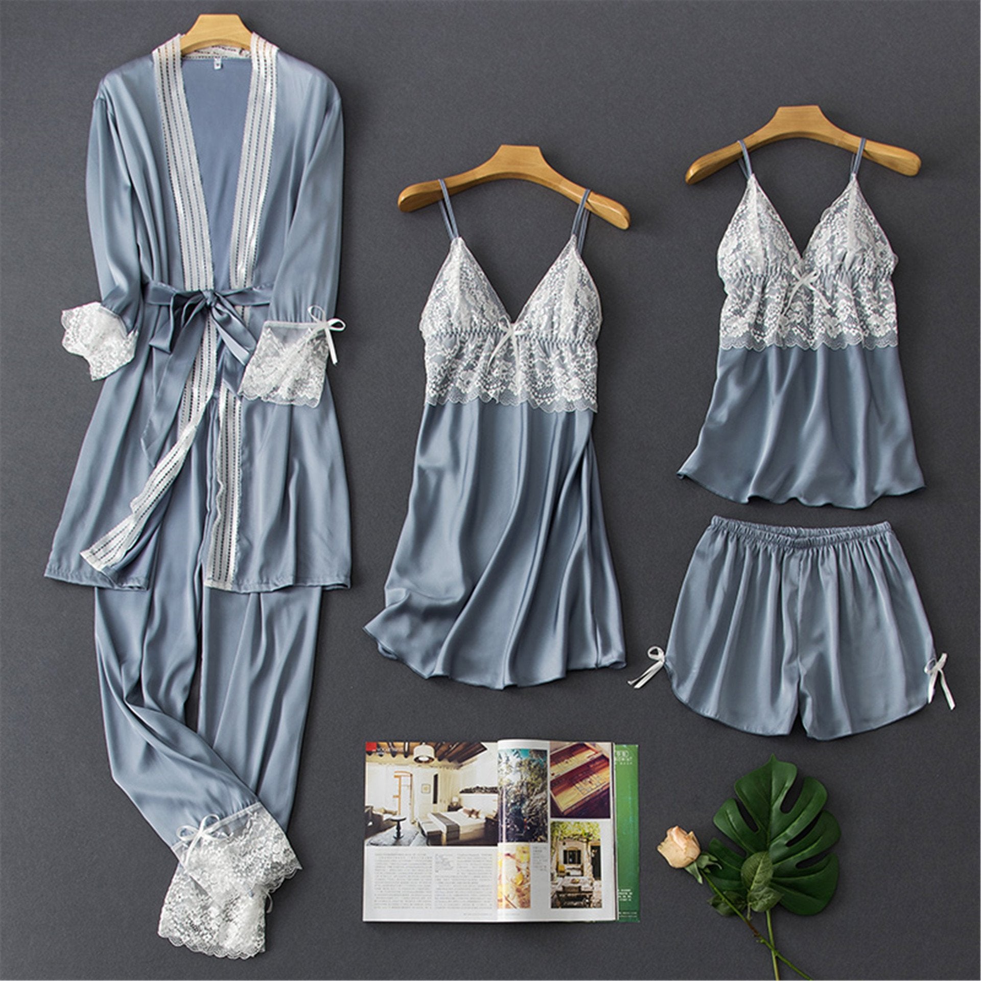 Faux silk sexy sling lace nightgown suit