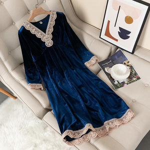 Female gold velvet sexy waist long sleeve mid-length casual nightdress