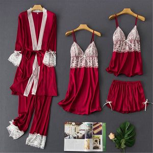 Faux silk sexy sling lace nightgown suit