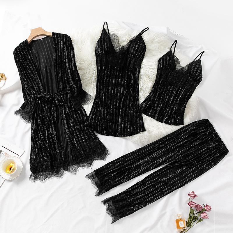 Female gold velvet sexy nightdress long sleeve nightgown suit