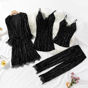 Female gold velvet sexy nightdress long sleeve nightgown suit