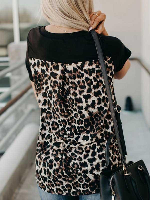 Animal leopard print stitching short sleeve T-shirt top