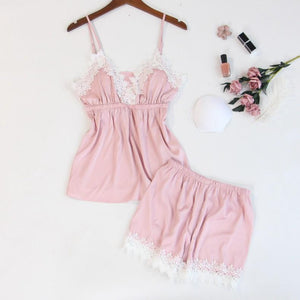 Ladies sexy suspender lace trim pajamas set