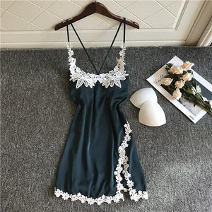 Ladies Summer Ice Silk Sling Lace Nightdress