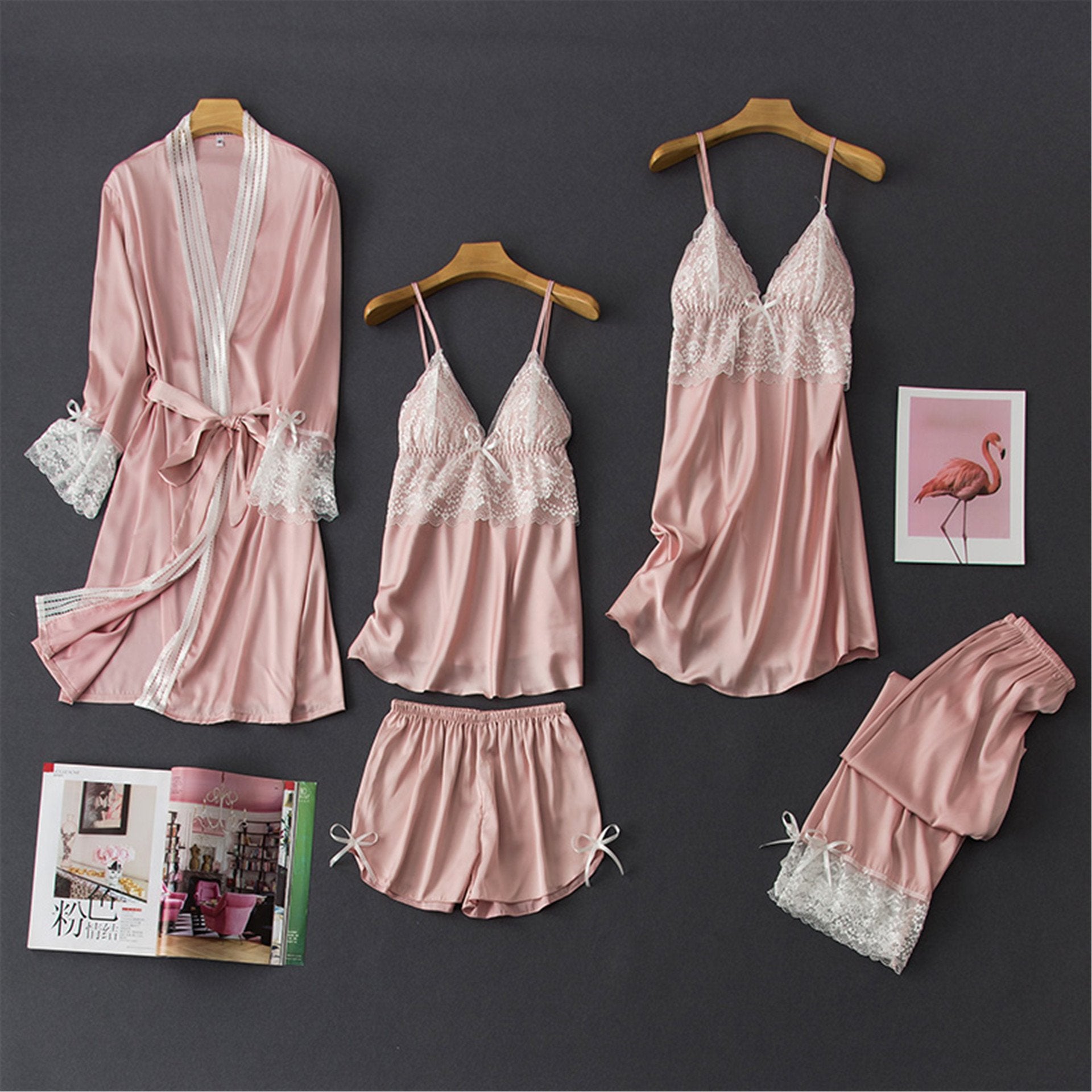 Faux silk sexy sling lace nightgown suit