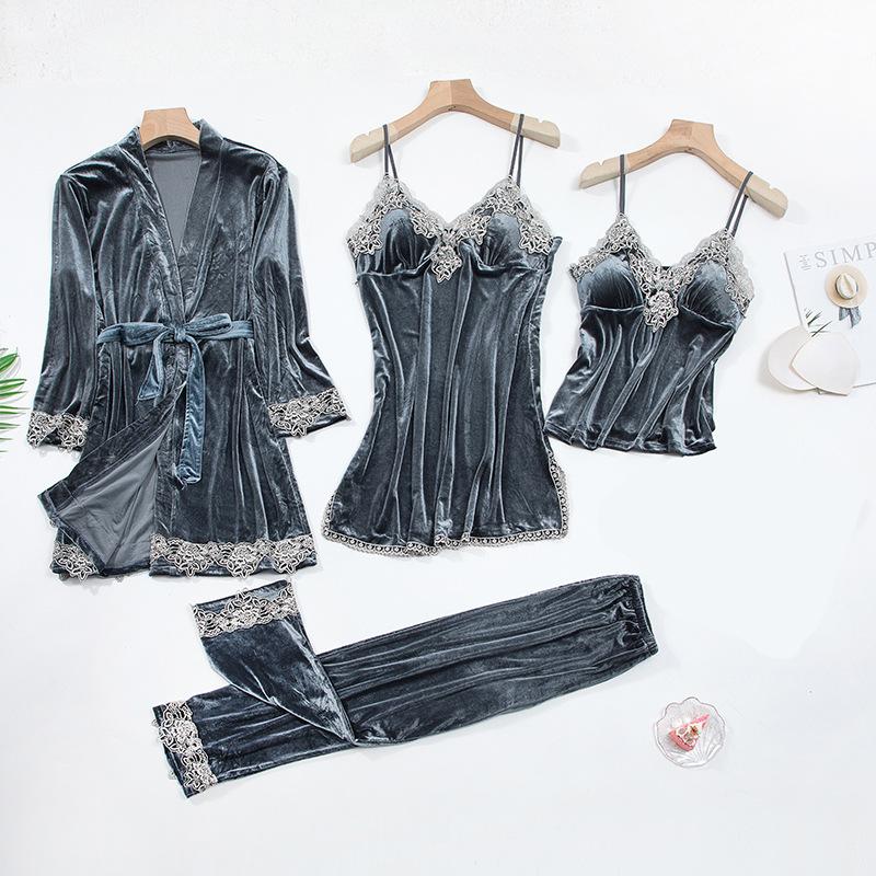 Autumn and winter long-sleeved suspender sexy lace nightgown suit1