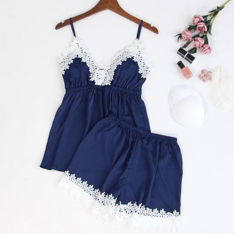 Ladies sexy suspender lace trim pajamas set