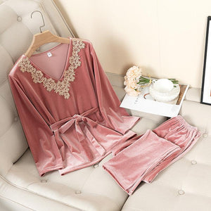 Gold velvet long-sleeved trousers casual V-neck pajamas