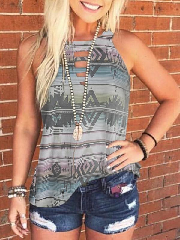 Geometric Printed Hollow Out Tank without Necklace