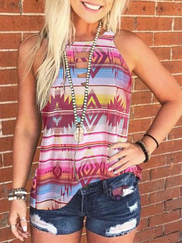 Geometric Printed Hollow Out Tank without Necklace