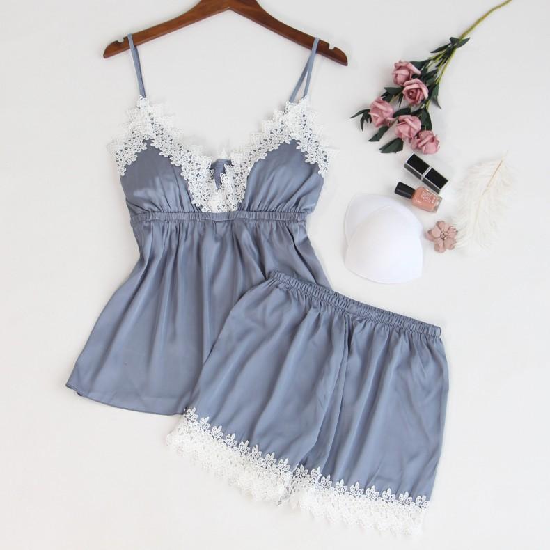 Ladies sexy suspender lace trim pajamas set