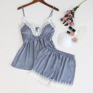 Ladies sexy suspender lace trim pajamas set
