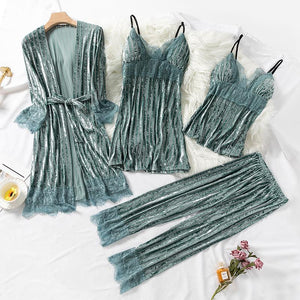 Female gold velvet sexy nightdress long sleeve nightgown suit