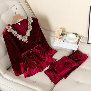 Gold velvet long-sleeved trousers casual V-neck pajamas