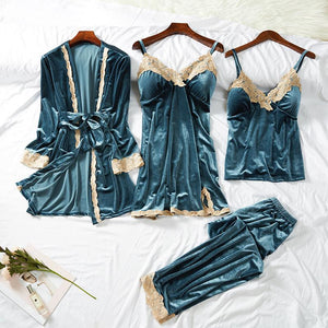 Autumn Winter SexyLace Gold Velvet Nightgown Suit