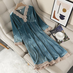 Female gold velvet sexy waist long sleeve mid-length casual nightdress