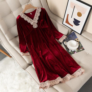 Female gold velvet sexy waist long sleeve mid-length casual nightdress