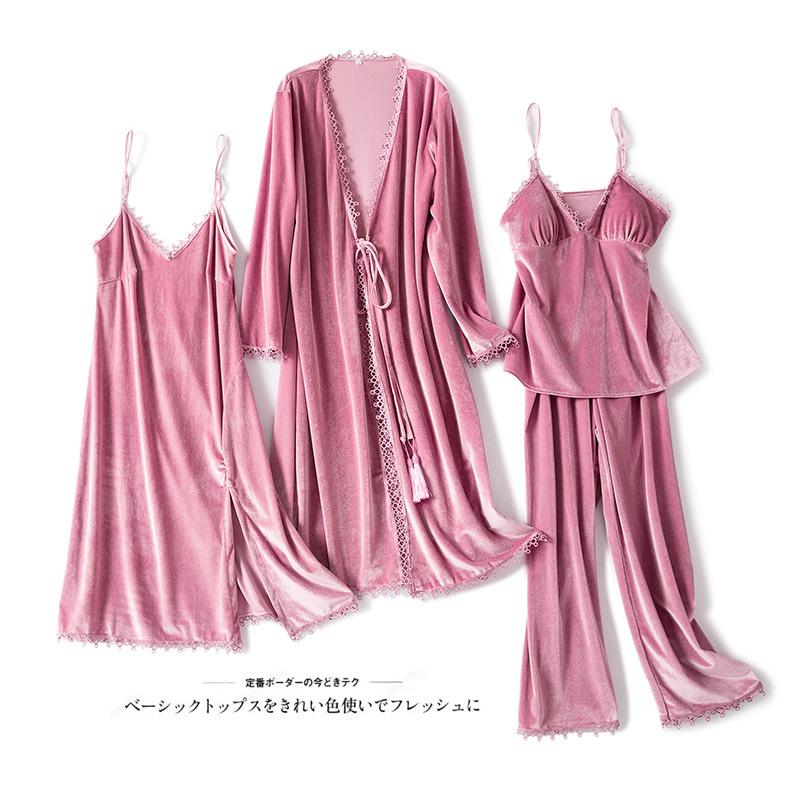 Long sleeve gold velvet sexy nightgown nightdress set