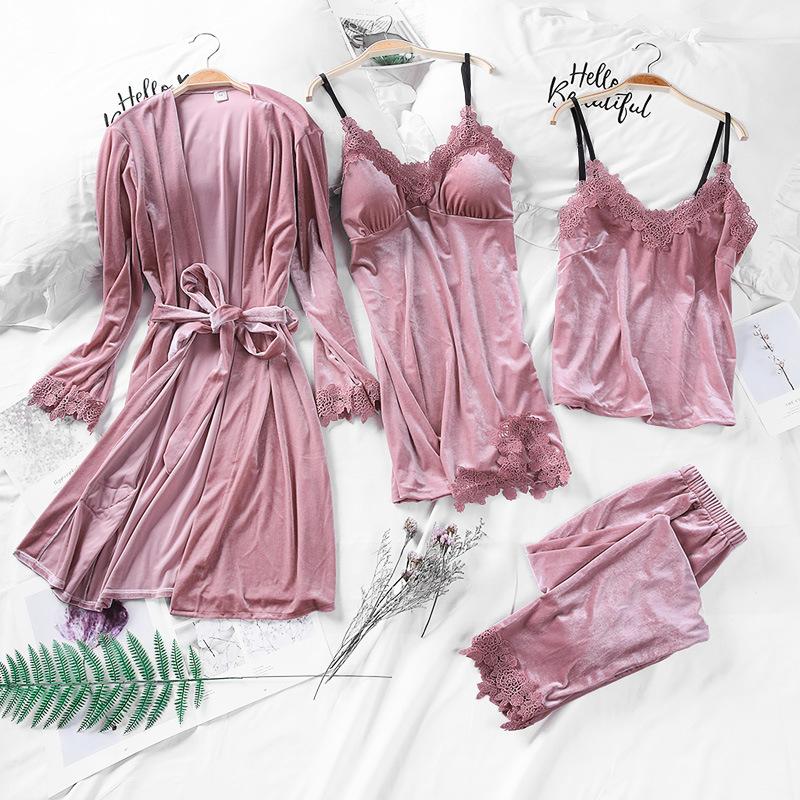 Autumn And Winter Golden Velvet Sexy Suspender Nightgown Suit