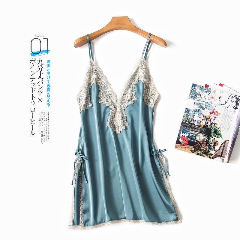 Faux Silk Sexy Split Suspender Lace Halter Nightdress