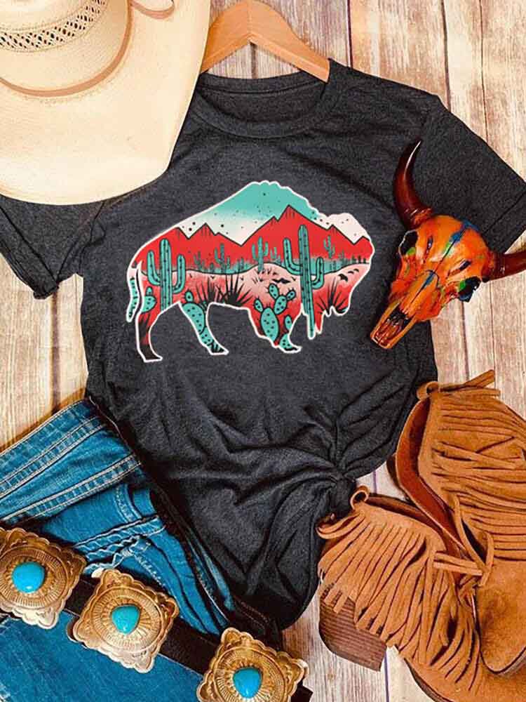Women's Buffalo Cactus Print Short Sleeve T-shirt