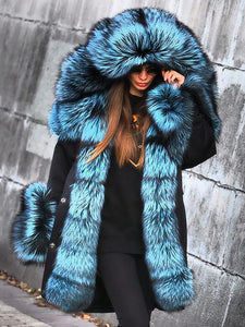 Fashion Blue Hooded Large Fur Collar Black Coat