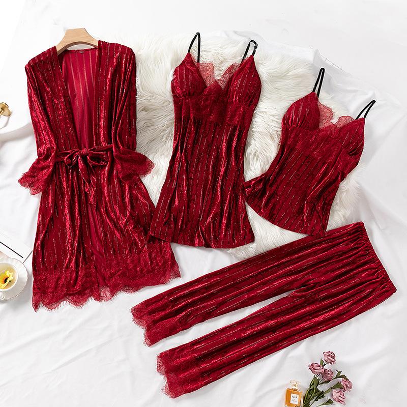Female gold velvet sexy nightdress long sleeve nightgown suit
