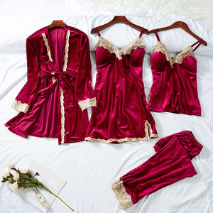 Autumn Winter SexyLace Gold Velvet Nightgown Suit