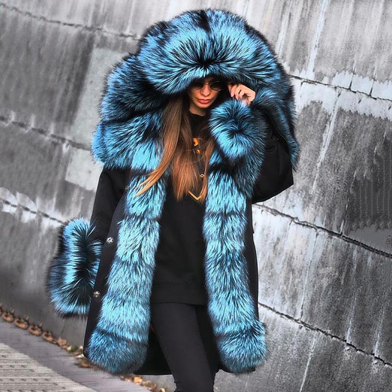 Fashion Blue Hooded Large Fur Collar Black Coat