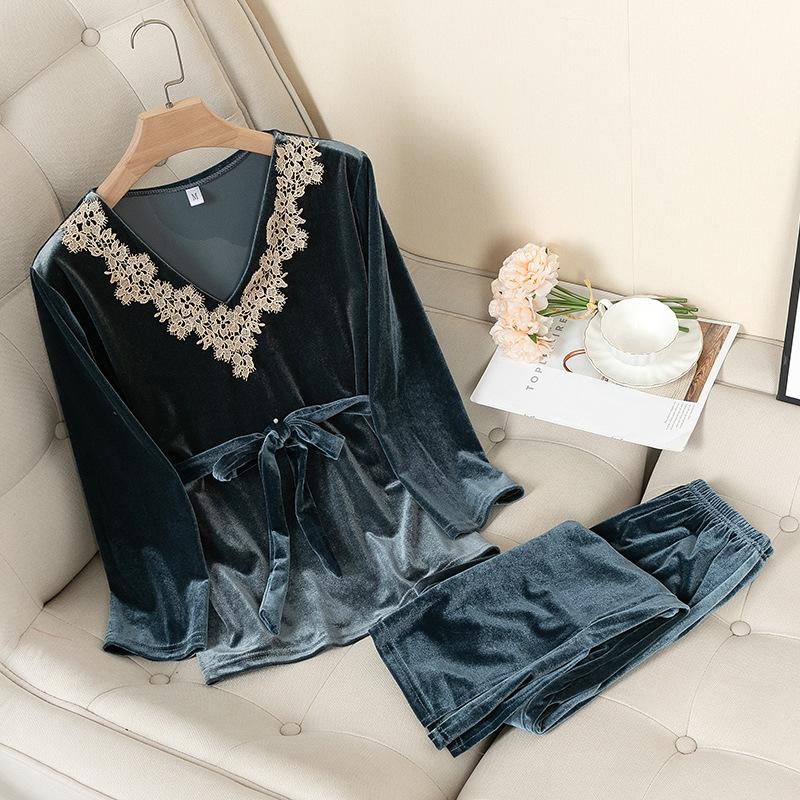 Gold velvet long-sleeved trousers casual V-neck pajamas