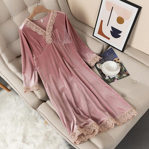 Female gold velvet sexy waist long sleeve mid-length casual nightdress